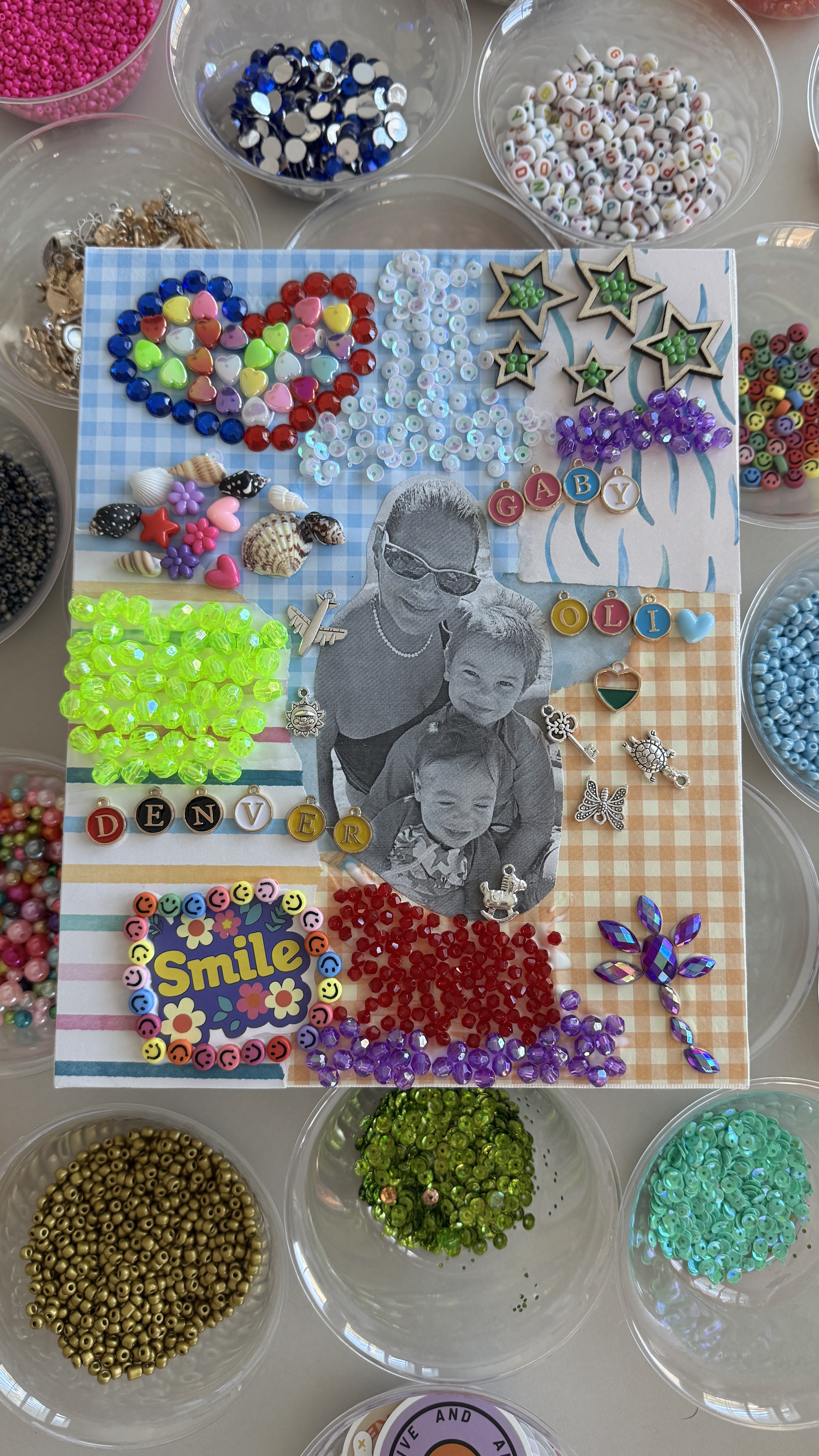 Finished canvas with photo and colorful beads