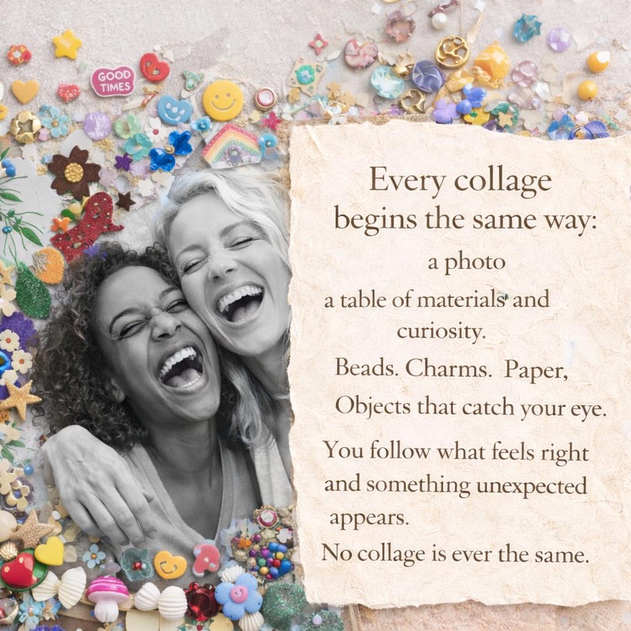 Two friends laughing while creating their canvas collage